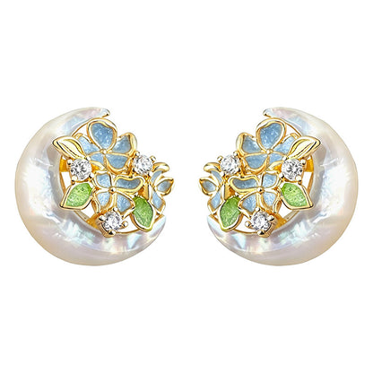 Pale Nacre - 18K Gold-Plated Enamel Mother-of-Pearl Floral Stud Earrings