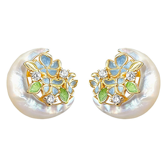 Pale Nacre - 18K Gold-Plated Enamel Mother-of-Pearl Floral Stud Earrings