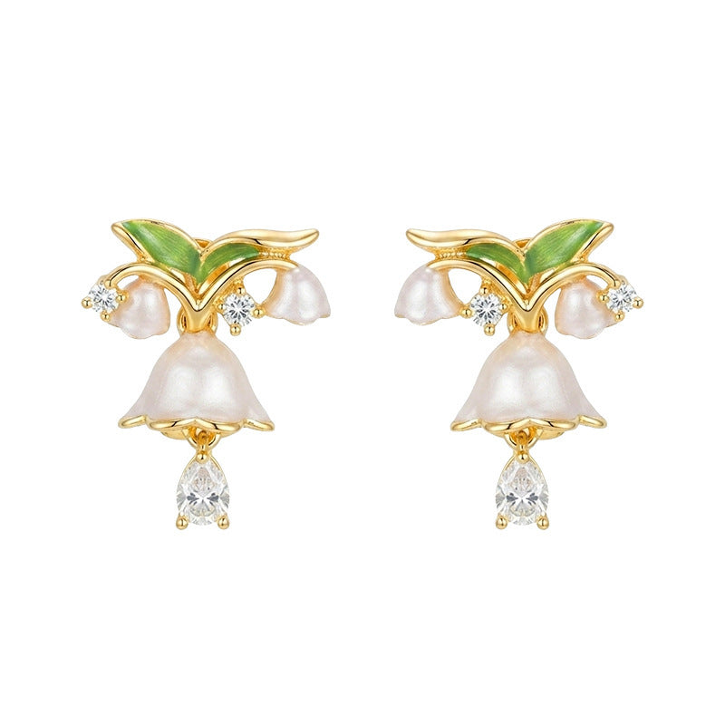 Muguet - 18K Gold-Plated Enamel Lily of the Valley Stud Earrings