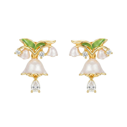 Muguet - 18K Gold-Plated Enamel Lily of the Valley Stud Earrings