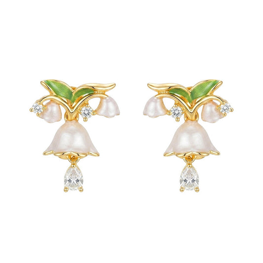 Muguet - 18K Gold-Plated Enamel Lily of the Valley Stud Earrings