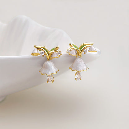 Muguet - 18K Gold-Plated Enamel Lily of the Valley Stud Earrings