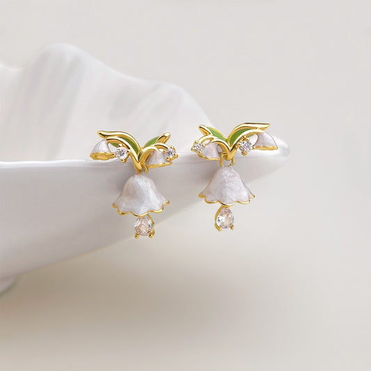 Muguet - 18K Gold-Plated Enamel Lily of the Valley Stud Earrings