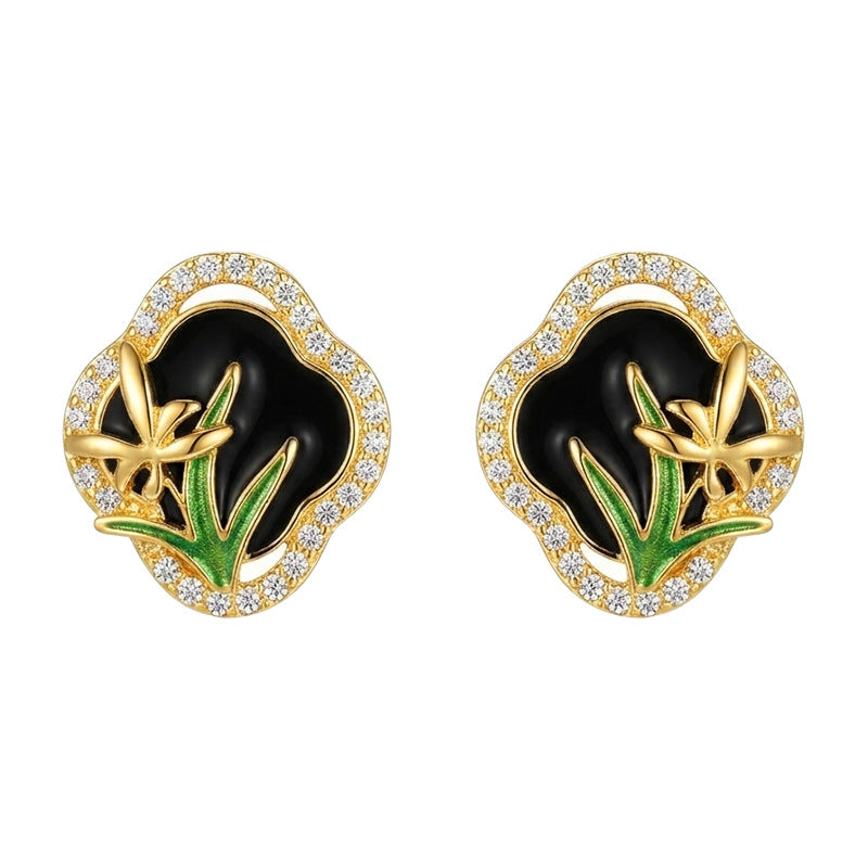 Classic Noir - 18K Gold-Plated Enamel Iris Stud Earrings