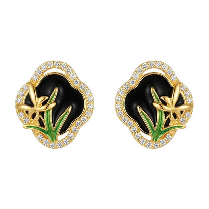 Classic Noir - 18K Gold-Plated Enamel Iris Stud Earrings