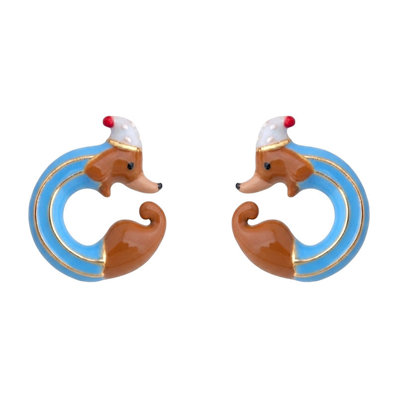 Poolside Pup - 18K Gold-Plated Enamel Dachshund Stud Earrings