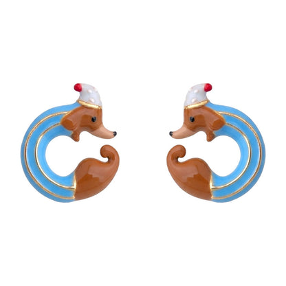 Poolside Pup - 18K Gold-Plated Enamel Dachshund Stud Earrings