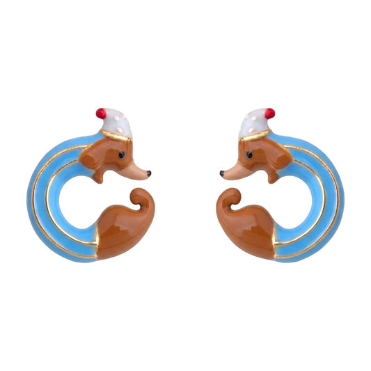 Poolside Pup - 18K Gold-Plated Enamel Dachshund Stud Earrings