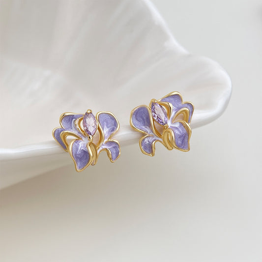 Violet Iris - 18K Gold-Plated Enamel Iris Stud Earrings