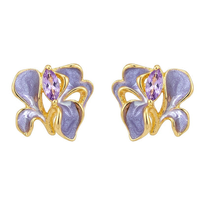 Violet Iris - 18K Gold-Plated Enamel Iris Stud Earrings