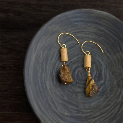 Earthline - 18K Gold-Plated Wood and Natural Tiger's Eye Drop Earrings
