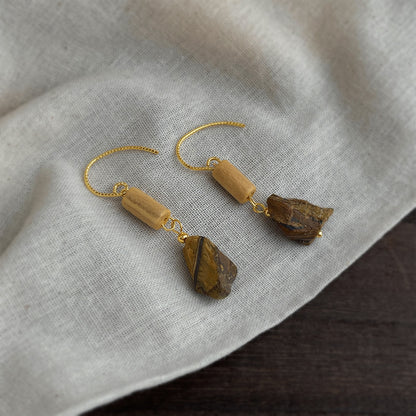 Earthline - 18K Gold-Plated Wood and Natural Tiger's Eye Drop Earrings