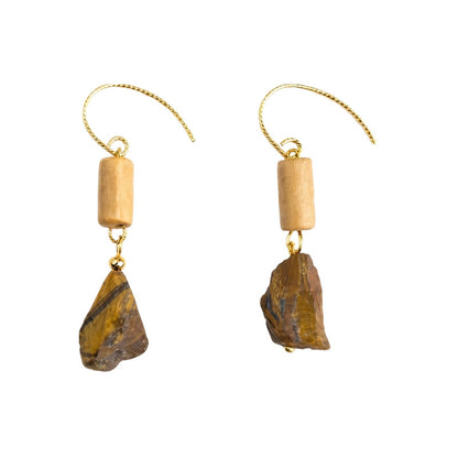 Earthline - 18K Gold-Plated Wood and Natural Tiger's Eye Drop Earrings