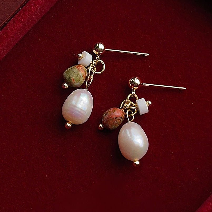 Moss & Rose - 14K Gold-Plated Natural Stone and Freshwater Pearl Drop Earrings
