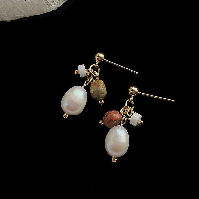 Moss & Rose - 14K Gold-Plated Natural Stone and Freshwater Pearl Drop Earrings