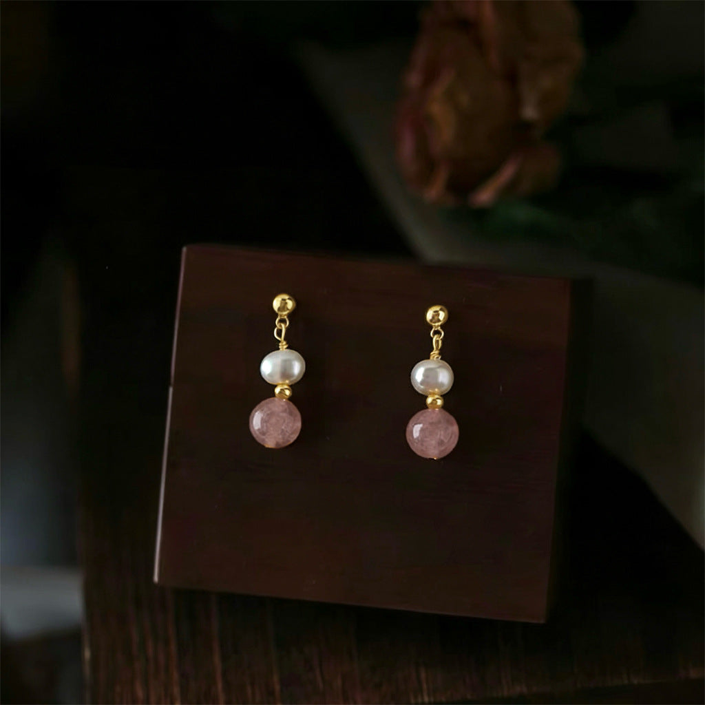 Berry Pearl - 14K Gold-Plated Strawberry Quartz and Freshwater Pearl Drop Earrings