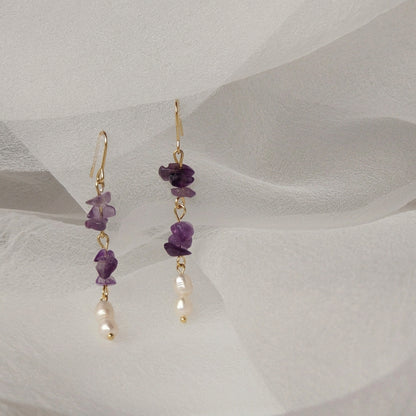 Violet Tide - 14K Gold-Plated Natural Amethyst and Freshwater Pearl Drop Earrings