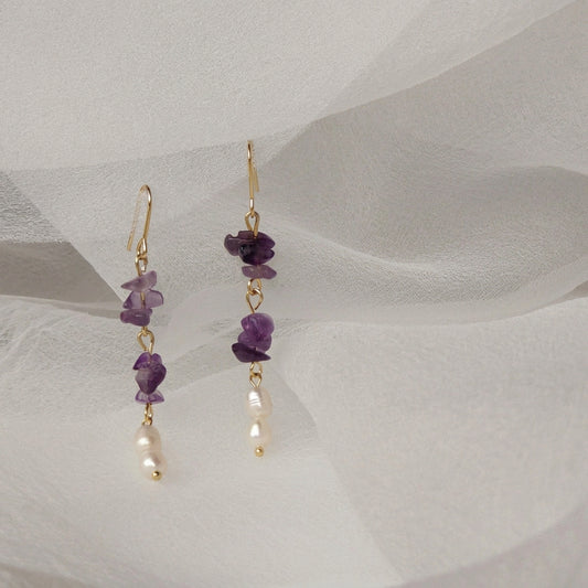Violet Tide - 14K Gold-Plated Natural Amethyst and Freshwater Pearl Drop Earrings