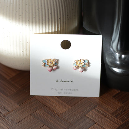 Camellia - 14K Gold-Plated Enamel Camellia and Cherry Stud Earrings