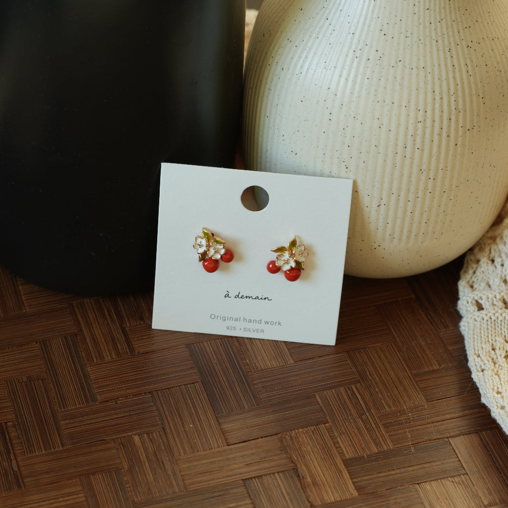 Cherry Day - 14K Gold-Plated Enamel Cherry Blossom Stud Earrings