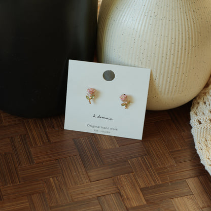 Blush Rose - 14K Gold-Plated Enamel Rose Stud Earrings