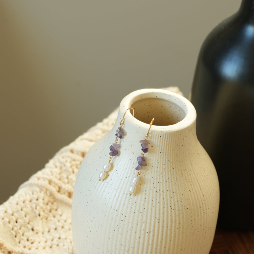 Violet Tide - 14K Gold-Plated Natural Amethyst and Freshwater Pearl Drop Earrings
