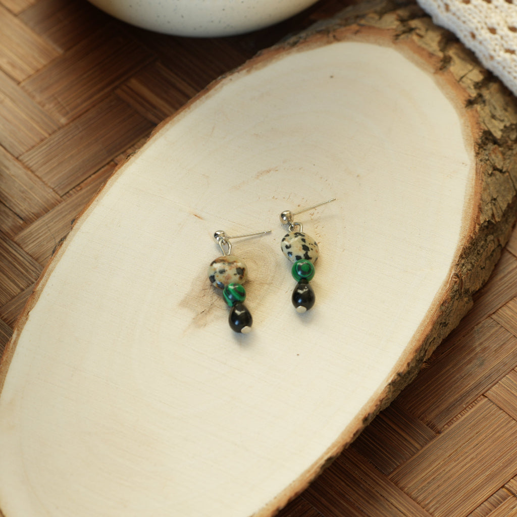 Mosaic Night - White-Gold-Tone-Plated Malachite and Black Agate Drop Earrings