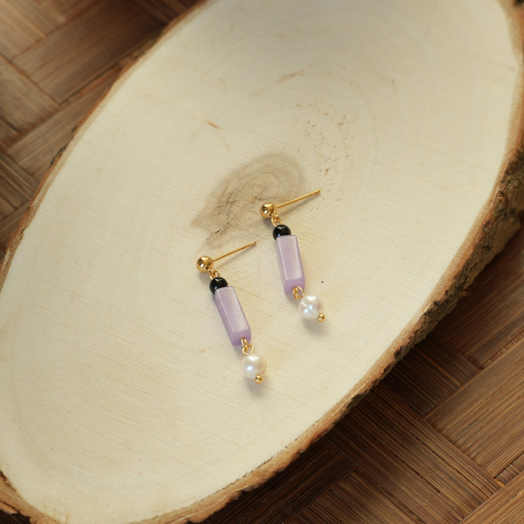 Violet Balance - 14K Gold-Plated Natural Amethyst, Black Agate and Freshwater Pearl Drop Earrings