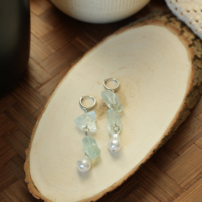 Long Blue Hour - White-Gold-Tone-Plated Natural Blue Crystal and Baroque Pearl Drop Earrings