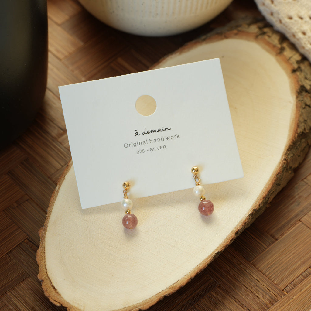 Berry Pearl - 14K Gold-Plated Strawberry Quartz and Freshwater Pearl Drop Earrings