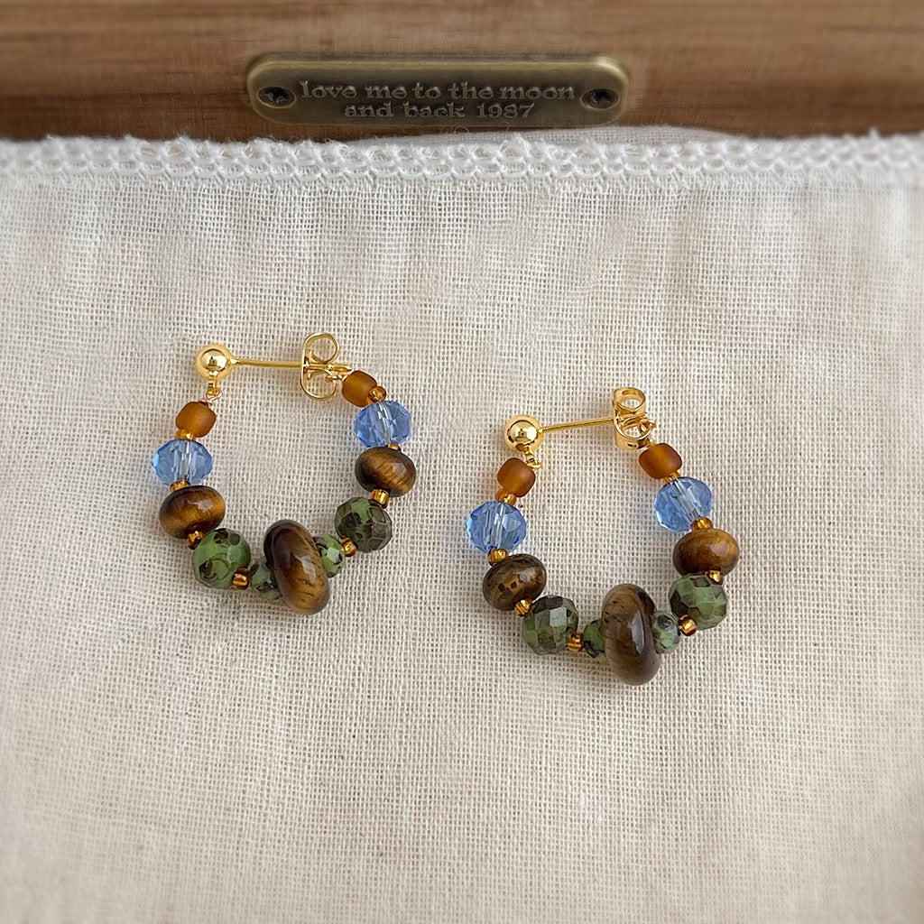 Amber Geometry - 14K Gold-Plated Natural Tiger's Eye Beaded Hoop Earrings