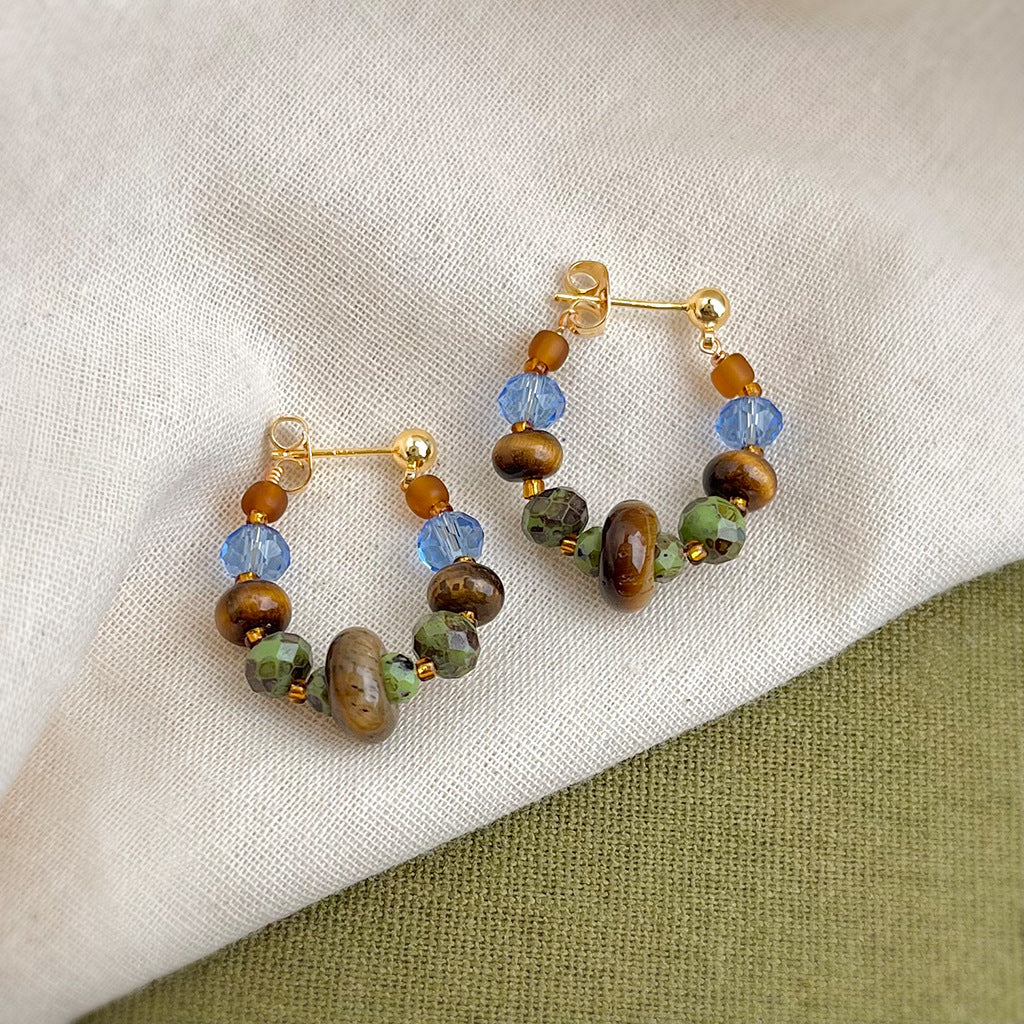 Amber Geometry - 14K Gold-Plated Natural Tiger's Eye Beaded Hoop Earrings