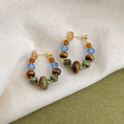 Amber Geometry - 14K Gold-Plated Natural Tiger's Eye Beaded Hoop Earrings