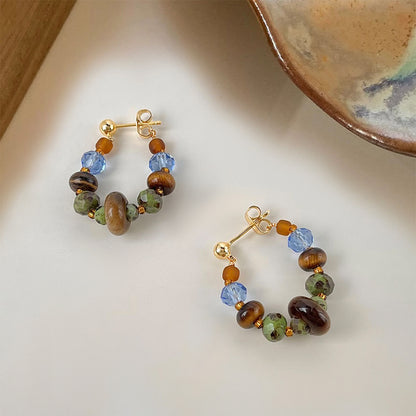 Amber Geometry - 14K Gold-Plated Natural Tiger's Eye Beaded Hoop Earrings